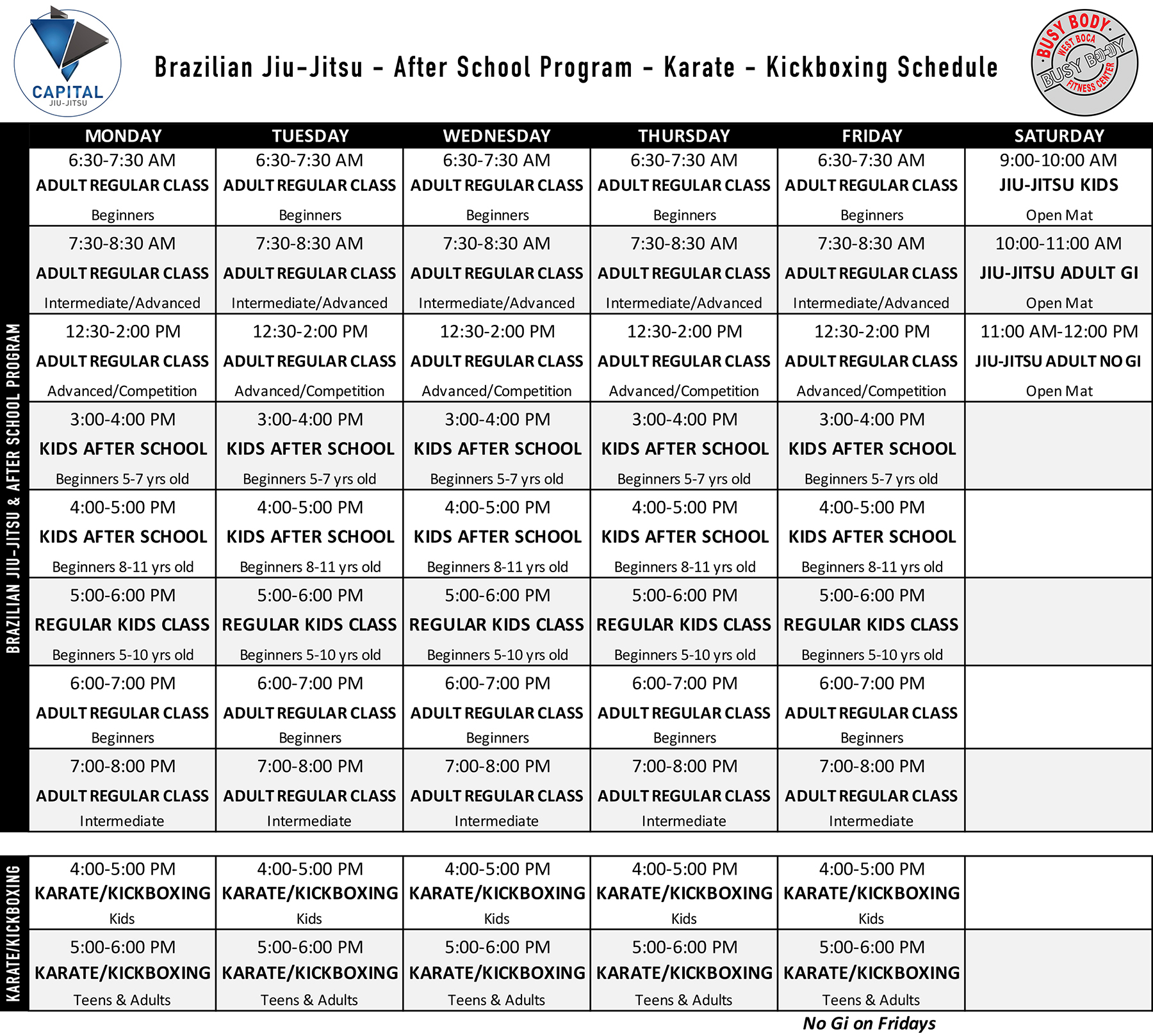 Martial Arts Class Schedule